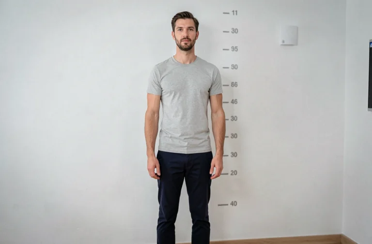 Homme français mesurant sa taille contre un mur avec des repères de mesure, représentant la taille moyenne des hommes en France