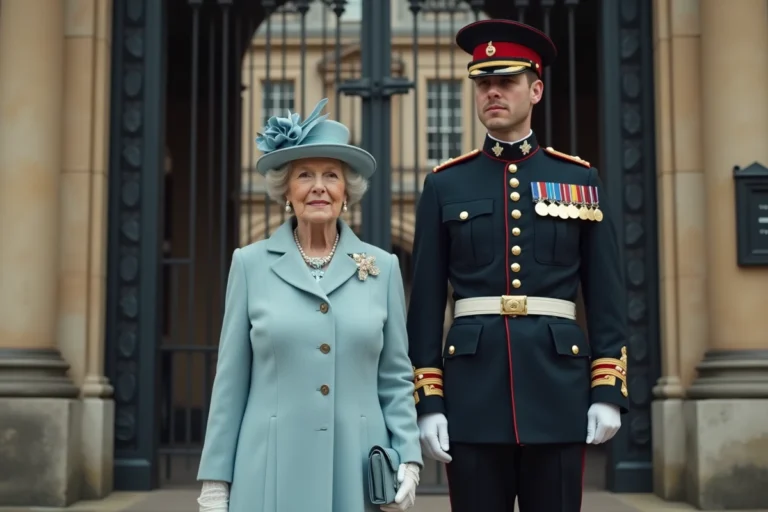 Comparaison de taille entre une femme âgée en manteau bleu et un garde en tenue cérémoniale devant un palais