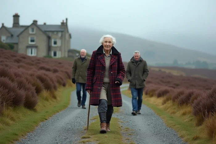 Femme âgée en manteau tartan se promenant dans un paysage de landes écossaises entourée de deux hommes de grande taille