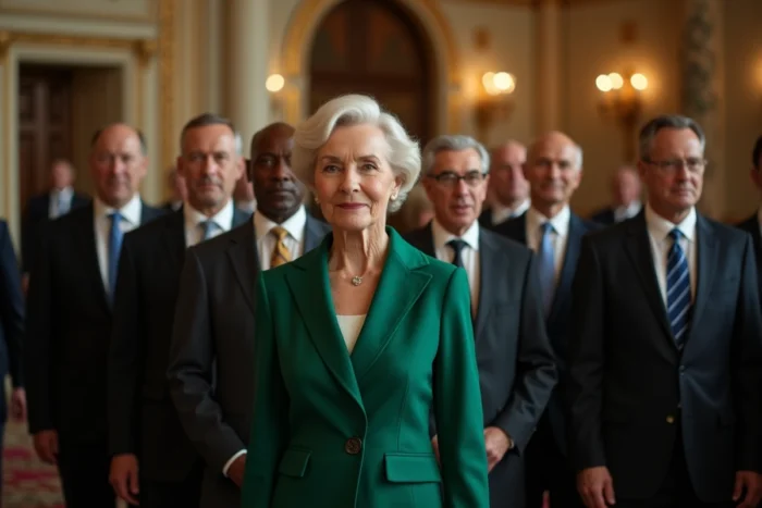 Femme en tailleur vert émeraude entourée de diplomates lors d'une réception officielle dans une salle dorée