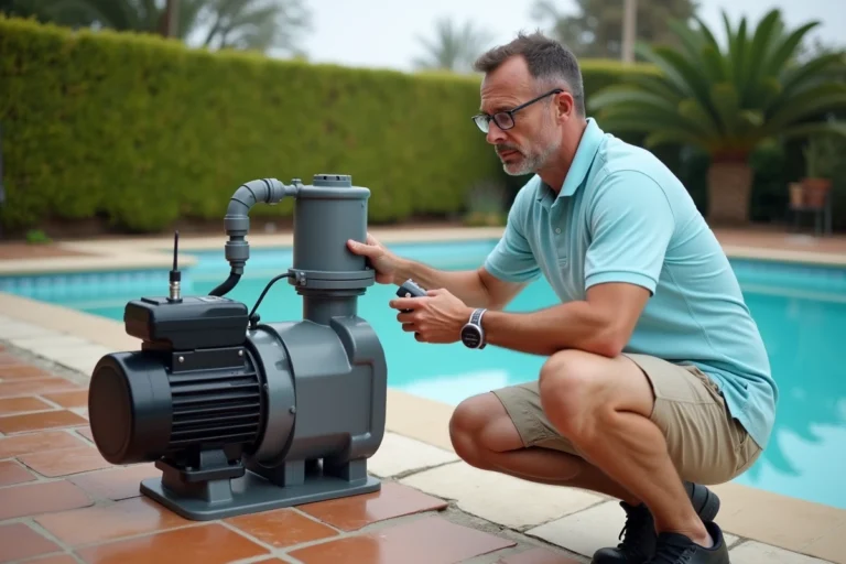 Technicien mesurant la consommation énergétique d'une pompe à sable de piscine avec un compteur numérique