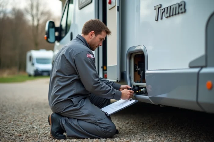 Technicien professionnel connectant un câble de diagnostic au système de chauffage Truma d'un camping-car garé sur un terrain de camping, avec une fiche de codes erreur sur un presse-papiers
