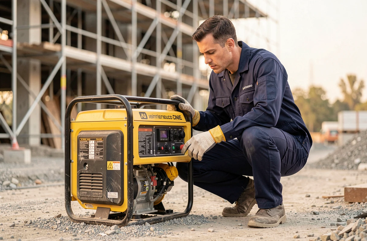Technicien en uniforme inspectant un groupe électrogène SDMO sur un chantier de construction