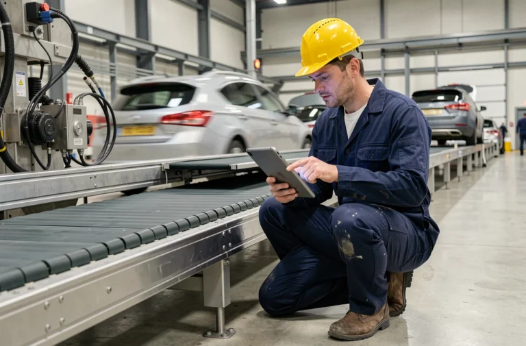 Technicien de maintenance industrielle consultant une tablette numérique sur une ligne de production en fonctionnement dans une usine automobile moderne