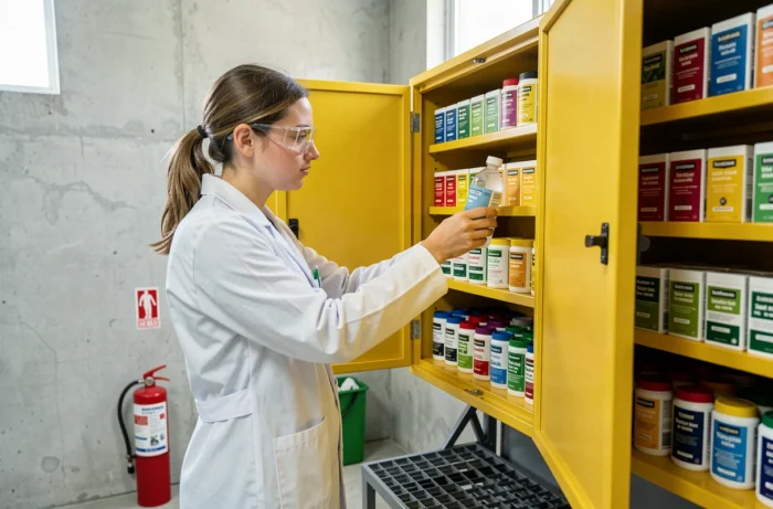 Technicienne agricole rangeant des produits phytosanitaires dans une armoire de stockage sécurisée en coopérative