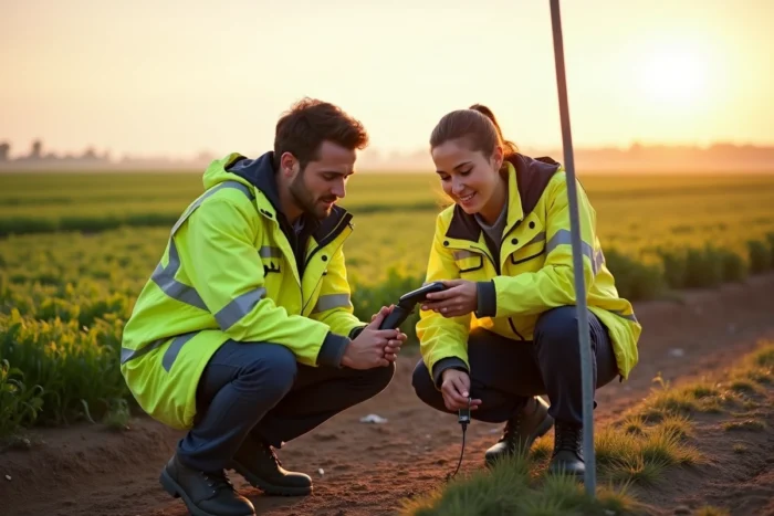 Techniciens de terrain inspectant un dispositif de localisation IoT Deveryloc dans un champ agricole