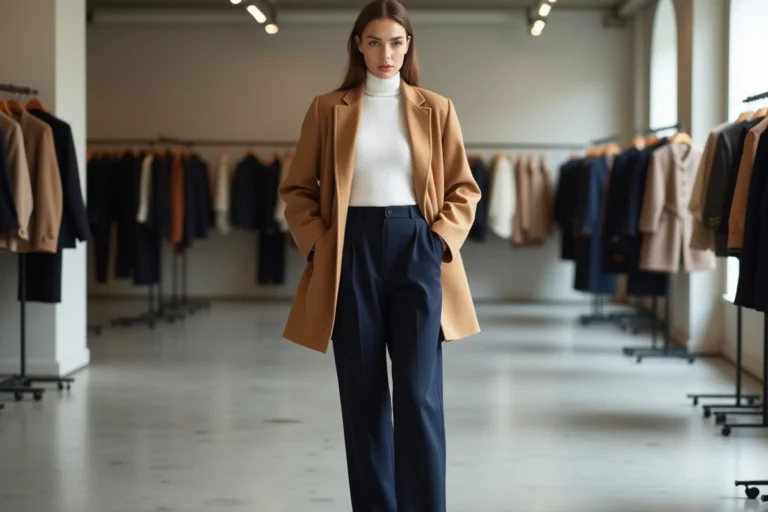 Femme élégante portant un blazer camel oversize et un pantalon large marine dans une boutique de mode parisienne minimaliste