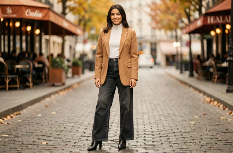 Femme élégante en blazer camel surdimensionné et jean large dans une rue pavée parisienne en automne, look tendance saison