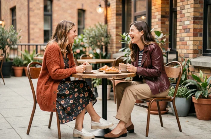 Deux femmes tendance en tenues superposées automnales riant autour d'un café en terrasse, styles cardigan et veste en cuir de saison