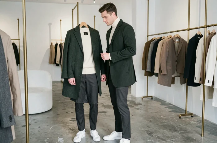 Homme stylé en manteau vert forêt explorant les nouveautés dans une boutique de mode minimaliste, tendances masculines de saison