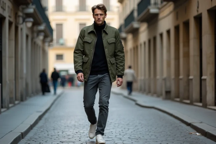 Homme tendance portant une veste utilitaire verte et un jean droit charbon marchant dans une rue pavée européenne