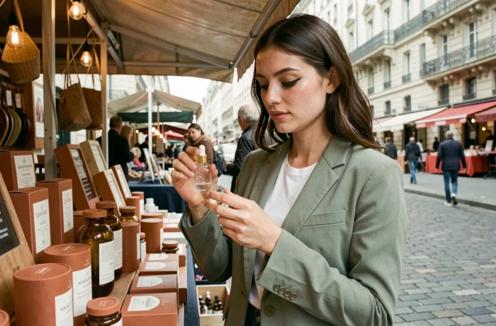 Jeune femme au maquillage graphique explorant des produits de beauté artisanaux sur un marché parisien en plein air, tendances beauté éco-responsable