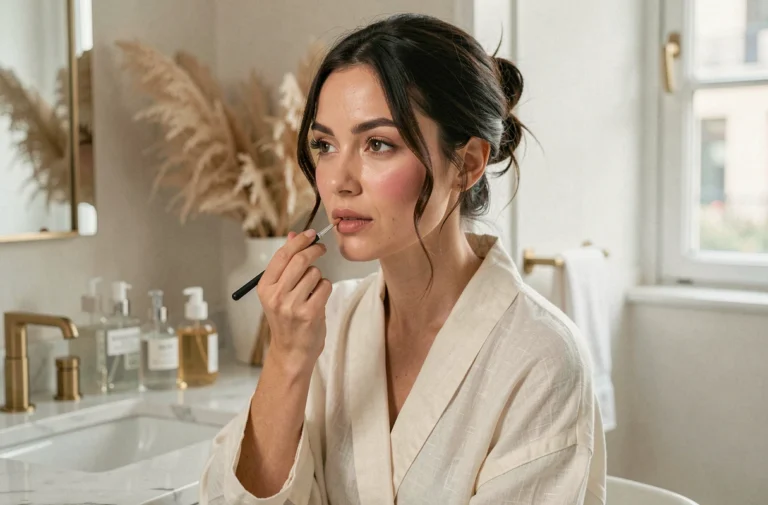 Femme aux 30 ans appliquant un rouge à lèvres nude devant une coiffeuse en marbre blanc dans un appartement parisien, tendances beauté naturelle