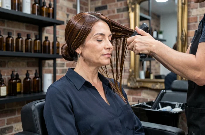 Femme de 45 ans dans un salon de coiffure recevant un traitement de brillance capillaire, tendance soin cheveux gloss 2024