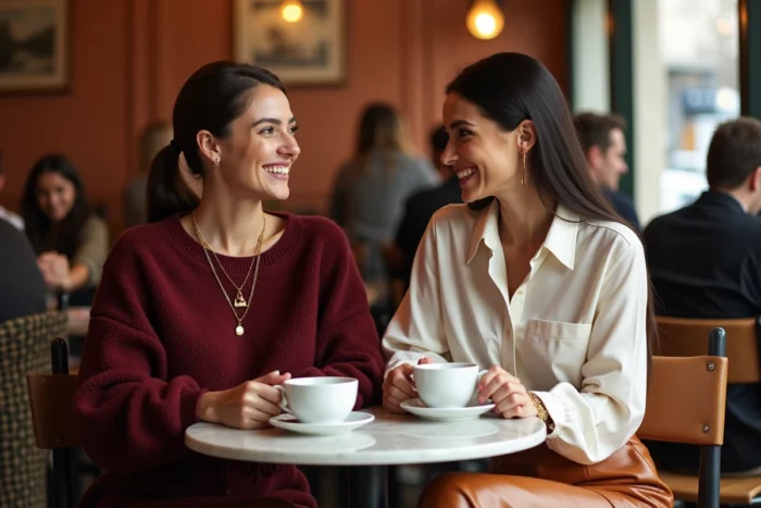 Deux femmes stylées en tenues tendance discutant autour d'un café dans un élégant café parisien au décor vintage