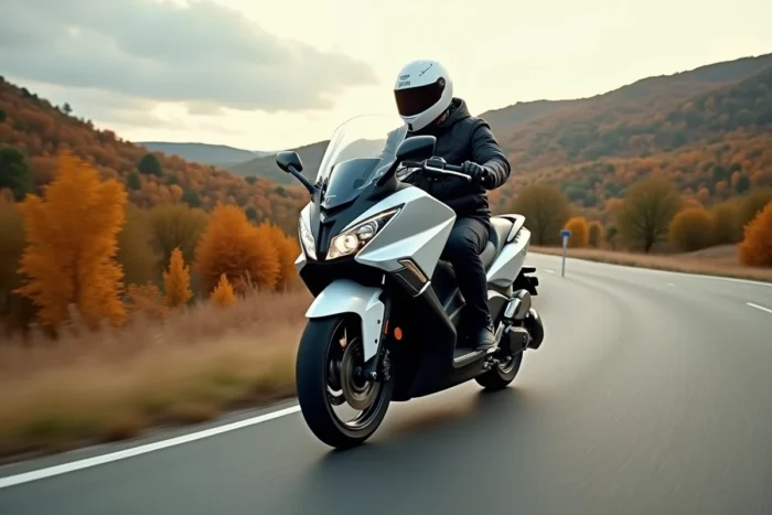 Yamaha TMAX 750 en conduite sur une route de campagne française en automne, illustration du coût d'utilisation et de la valeur du scooter premium