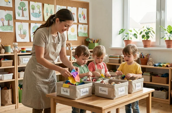 Éducatrice de crèche guidant des tout-petits dans le tri de matériaux réutilisables dans une salle de jeux éco-responsable
