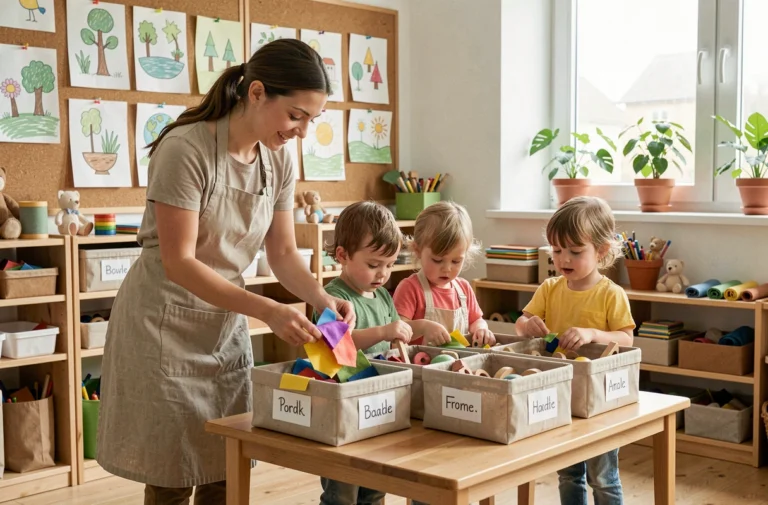 Éducatrice de crèche guidant des tout-petits dans le tri de matériaux réutilisables dans une salle de jeux éco-responsable