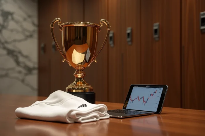 Trophée de tennis en or posé sur une table en bois avec un uniforme d'athlète et un téléphone affichant des graphiques financiers, représentant les gains et la fortune d'un champion mondial