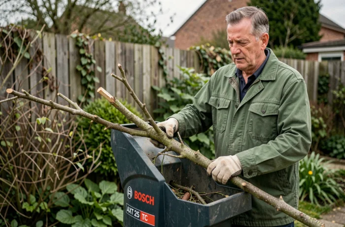 Homme en train d'utiliser le broyeur de végétaux Bosch AXT 25 TC pour broyer des branches épaisses dans un jardin résidentiel