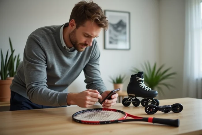 Homme préparant une annonce en ligne pour vendre du matériel de sport d'occasion chez lui en Suisse