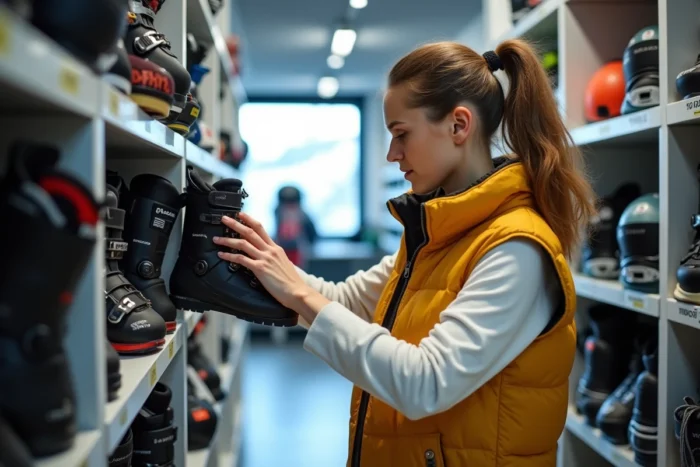 Femme inspectant des chaussures de ski d'occasion dans une boutique de sport en Suisse