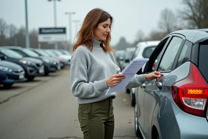 Femme examinant l'état d'une voiture d'occasion chez un concessionnaire en vérifiant la carrosserie