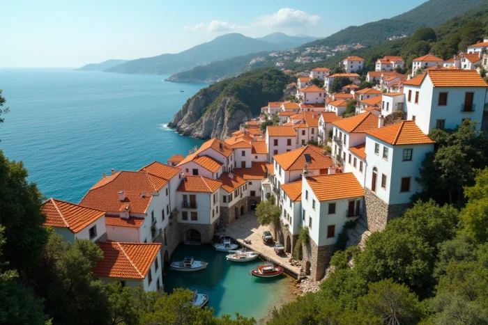 Vue aérienne d'un village de pêcheurs portugais avec toits en tuiles et port pittoresque en bord de mer