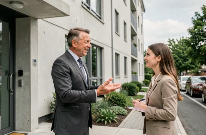 Agent immobilier présentant un appartement résidentiel à une locataire potentielle devant l'immeuble
