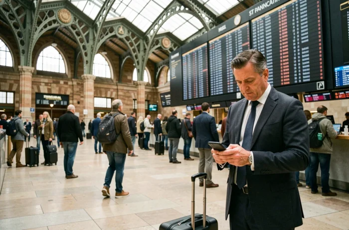 Voyageur consultant son téléphone devant le tableau des départs Eurostar à St Pancras London