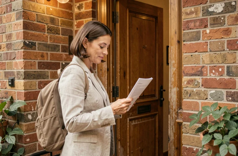 Voyageuse examinant un contrat de location Airbnb à l'entrée d'un appartement européen, illustrant la vérification des protections locatives