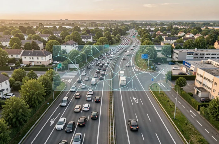 Vue aérienne d'un échangeur autoroutier français illustrant l'optimisation d'itinéraire et l'info trafic en temps réel Michelin