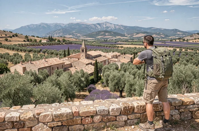 Vue panoramique sur le village de Robion et ses toits en tuiles depuis un belvédère du Luberon