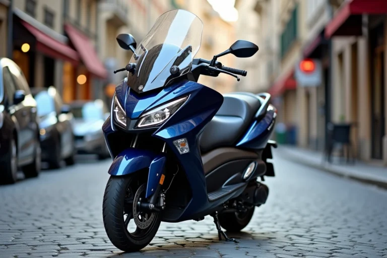Yamaha TMAX 750 garé dans une rue urbaine européenne, vue trois quarts avant mettant en valeur le design premium et les roues en alliage