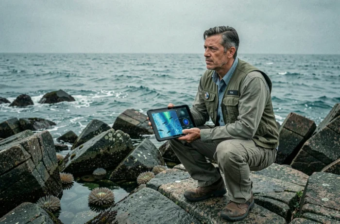Zoologue marin étudiant les migrations de dauphins sur un littoral rocheux avec une tablette de terrain